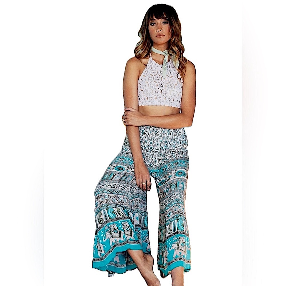 ANTHROPOLOGIE RAGA FAR LANDS WIDE LEG PANT LUCKY ELEPHANT PRINT SIZE S FLOWY NWT